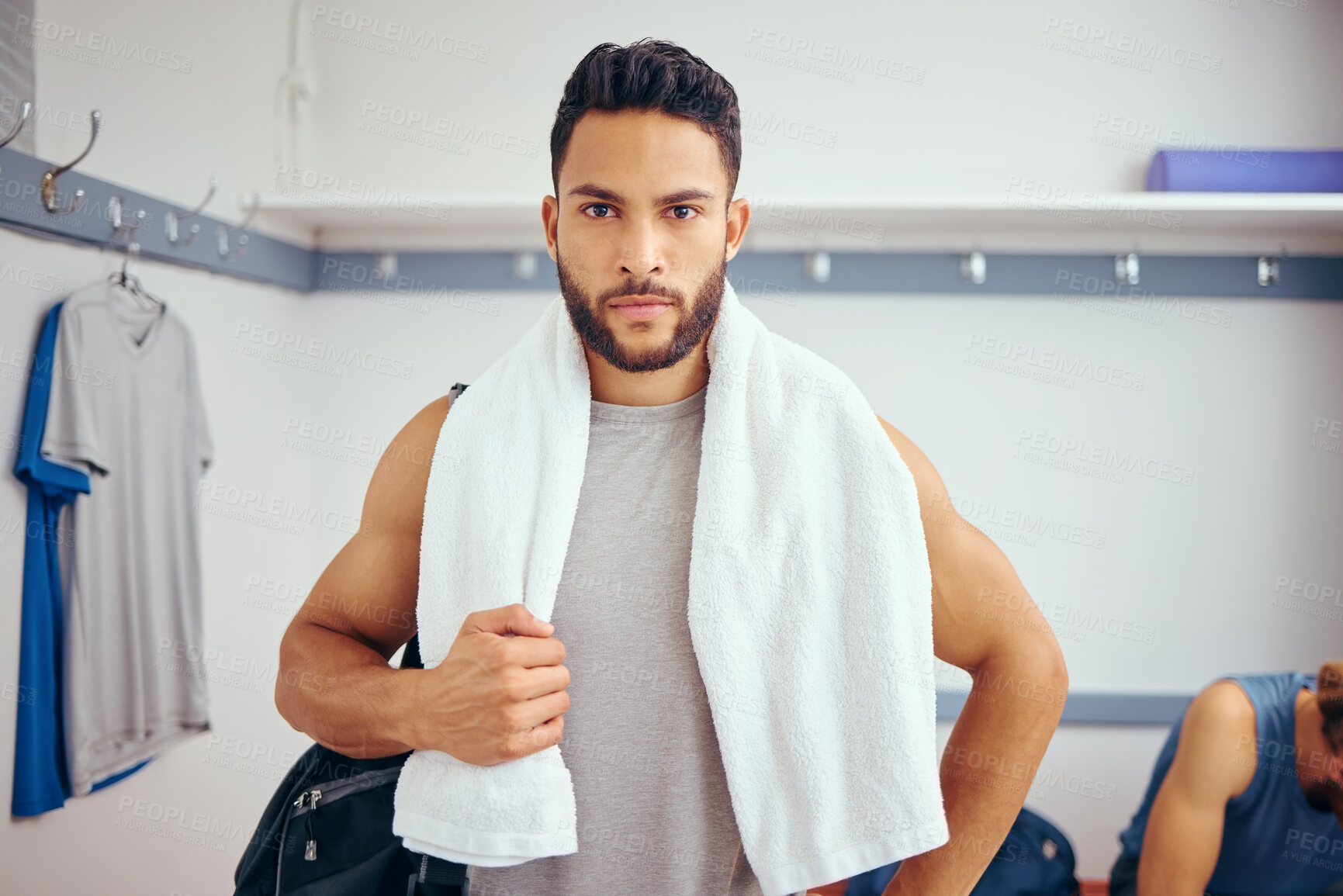 Buy stock photo Locker room, serious and man in portrait for sports, training and practice for squash match with pride. Male athlete, fitness or determined for exercise, health or ready player with commitment in gym