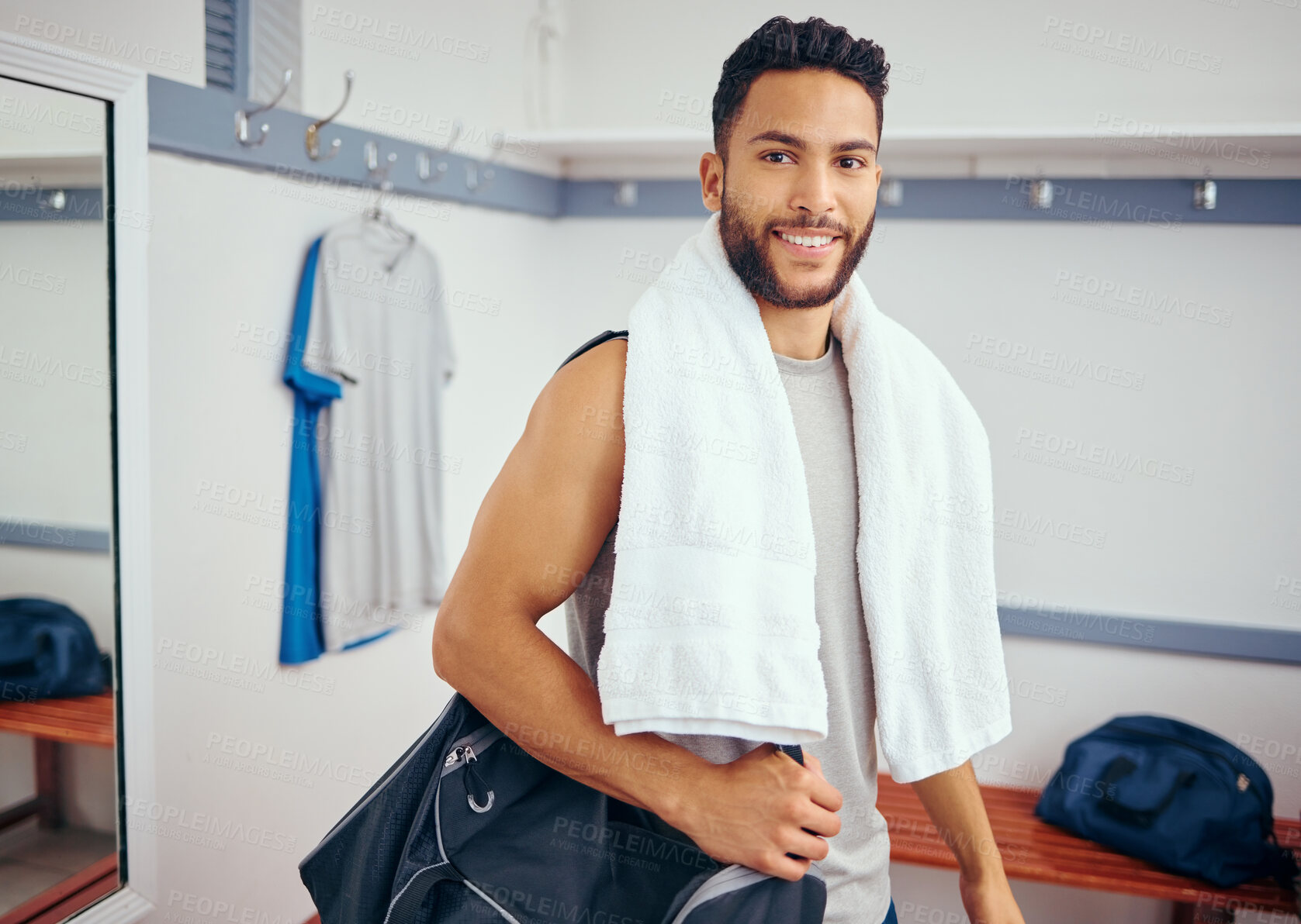 Buy stock photo Happy man, portrait and fitness with towel in locker room for shower, hygiene or break after workout at gym. Young male person with smile or bag for sport, exercise or wellness at indoor health club