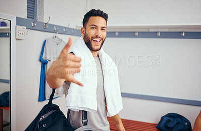 Buy stock photo Happy, gym and portrait of man in locker room with shaka sign and happiness for exercise. Smile, athlete and male person with hang loose hand gesture for workout or training in sports cloakroom.