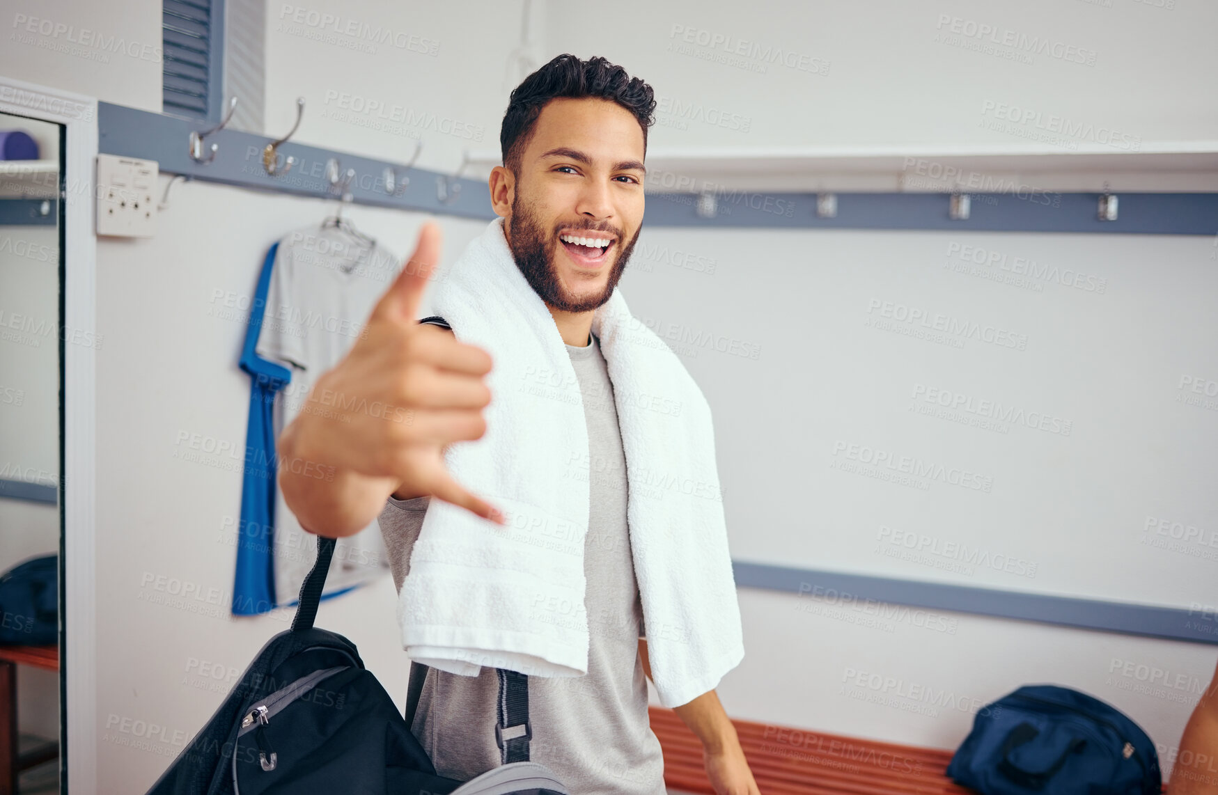 Buy stock photo Happy, gym and portrait of man in locker room with shaka sign and happiness for exercise. Smile, athlete and male person with hang loose hand gesture for workout or training in sports cloakroom.