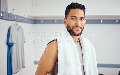 Buy stock photo Gym, smile and portrait of man with towel in locker room for exercise, preparation and sports practice. Happy, athlete and face with fabric cloth in club bathroom for workout, fitness and training