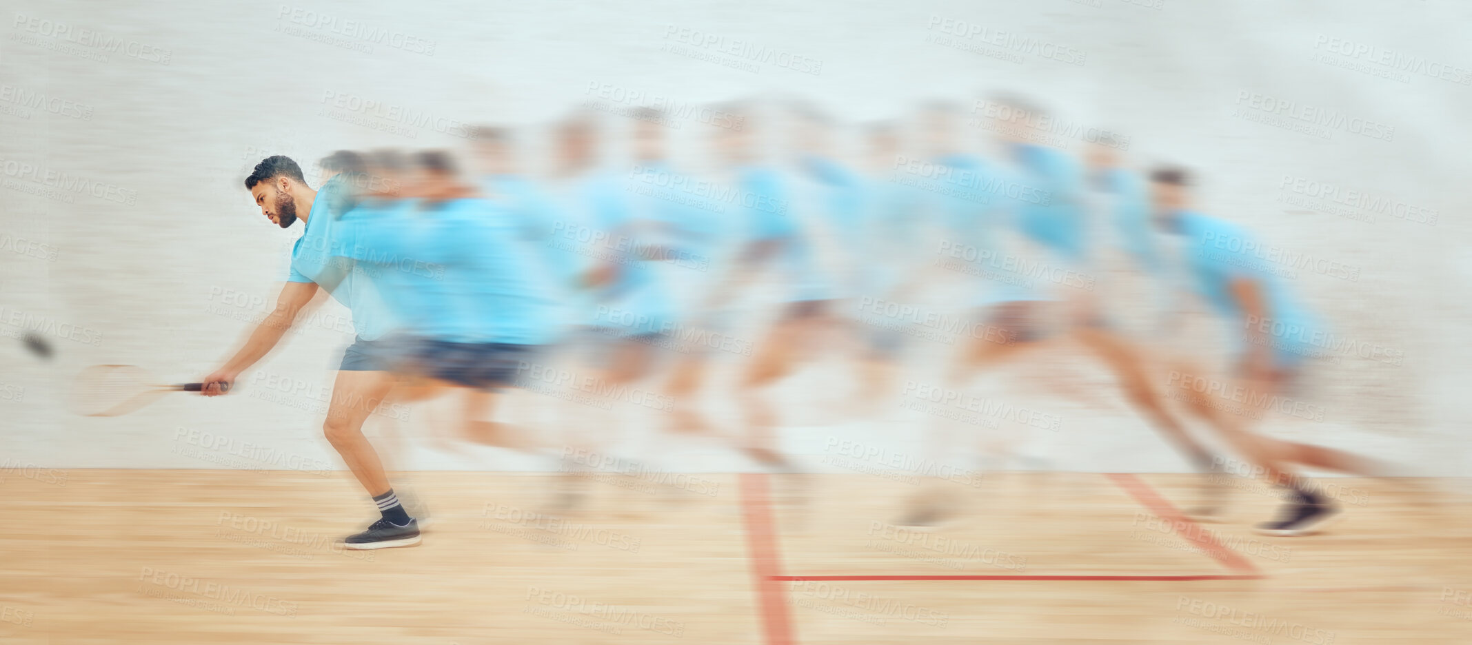 Buy stock photo Fitness, speed and squash player with blurred movement, training exercise and motivation for workout goals. Fast running, blur and motion with athlete, serve and challenge in indoor court club