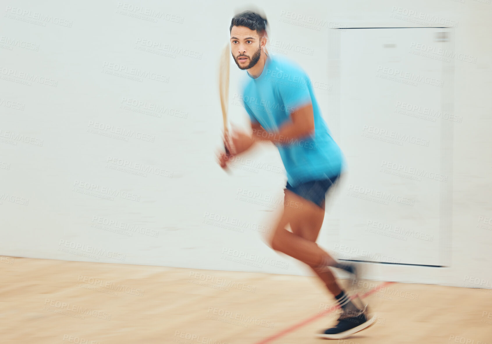 Buy stock photo Court, motion blur and squash for athlete as sports, competition and game for challenge with balance. Indoor, racket and man player with endurance, running and movement for health benefits with match