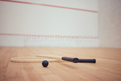 Buy stock photo Court, floor and racket with ball for squash, competition and match for professional athletics. Indoor sports, rubber and wooden surface with equipment for playing, game and out line for boundary