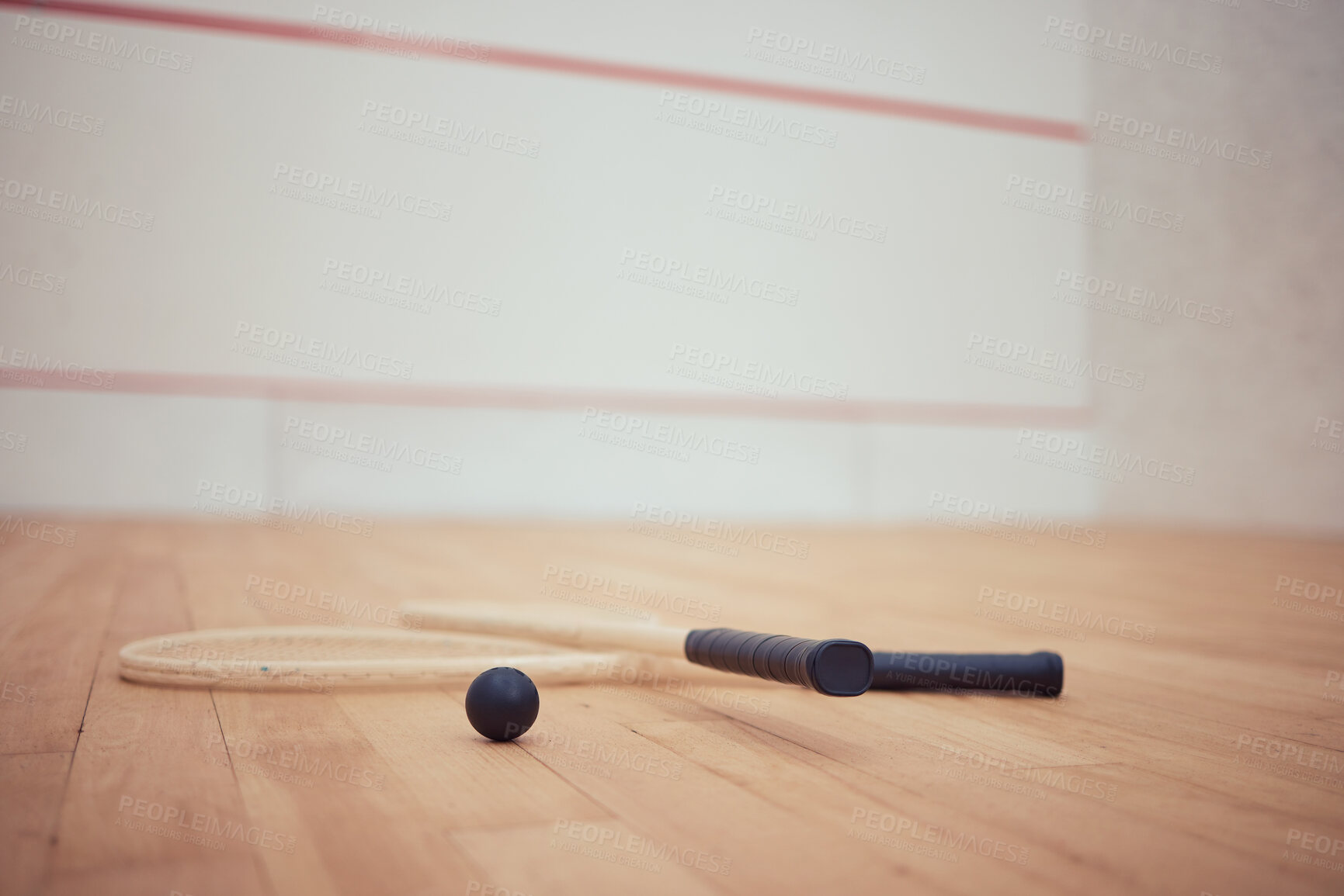 Buy stock photo Court, floor and racket with ball for squash, competition and match for professional athletics. Indoor sports, rubber and wooden surface with equipment for playing, game and out line for boundary