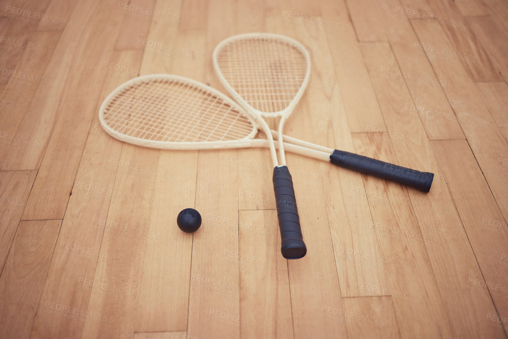 Buy stock photo Court, surface and racket with ball for squash, competition and match for professional athletics. Indoor sports, rubber and wooden floor with equipment for serving, grip tape and playing for game