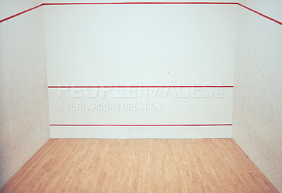 Buy stock photo Empty, squash court and background for sport in practice club for training, competition and challenge. Indoor arena, wall and room for ball game, playing center and workout interior with mockup space