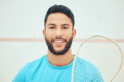 Buy stock photo Sports man, portrait smile and tennis for workout, practice game and training in indoor court. Male athlete, happy and squash gear for competition with exercise, health and power performance in arena