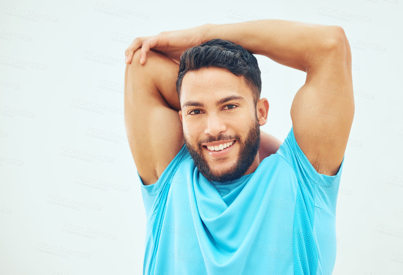 Buy stock photo Portrait, athlete and man in court, stretching and smile for playing in sports, training and practice. Fitness, sportsman and confidence for tournament, squash player and routine for exercise