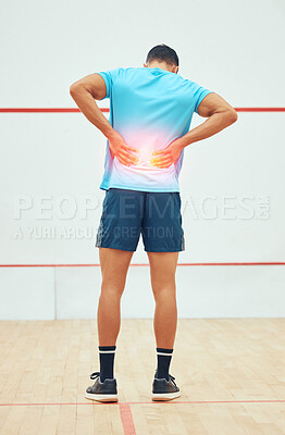 Buy stock photo Back, athlete and man in court, pain and hurt for playing in sports, training and practice. Fitness, sportsman and suffering for tournament, squash player and injury in gym, sore and exercise