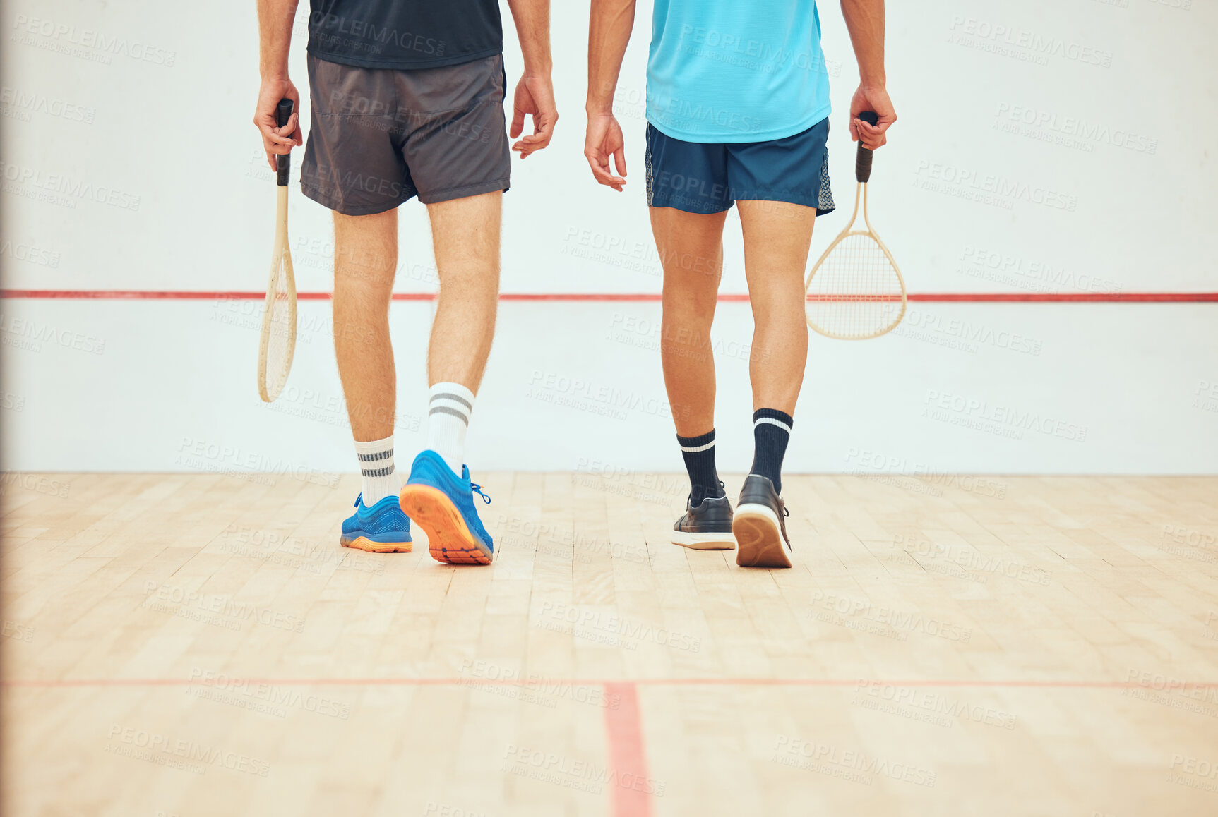 Buy stock photo Athlete, people and sports for squash exercise with racket for challenge game, training and practice skill of resilience. Active, team and fitness performance, competition and professional match 