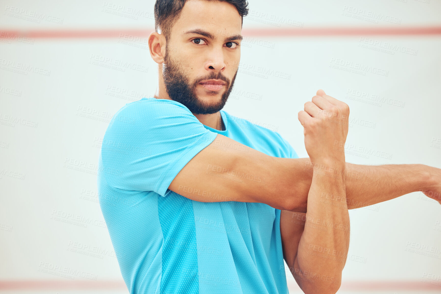 Buy stock photo Portrait, stretching and man in court, serious and determination for playing in sports, training and practice. Fitness, sportsman and confidence for tournament, squash player and routine for exercise