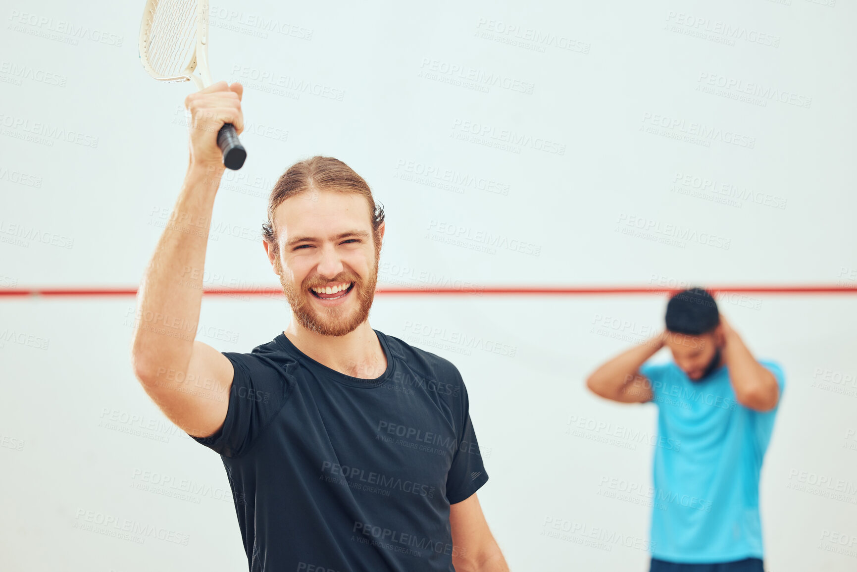 Buy stock photo Portrait, athlete and man in court, smile and determination for playing in sports, training and practice. Fitness, sportsman and confidence for tournament, squash player and routine for teamwork