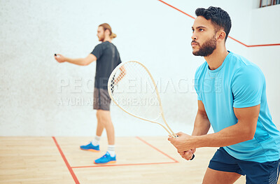 Buy stock photo Athlete, men and sports for squash exercise with racket for challenge game, training and practice skill of teamwork. Active, people and fitness performance, competition and support of match together