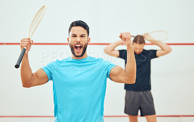 Buy stock photo Portrait, athlete and man in court, victory and success for playing in sports, celebration and practice. Fitness, sportsman and disappointment of opponent for tournament, squash player and winner