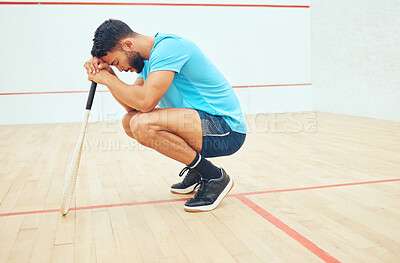 Buy stock photo Stress, athlete and man in court, serious and sad for playing in sports, training and practice. Fitness, sportsman and disappointed for fail in tournament, squash player and routine for exercise