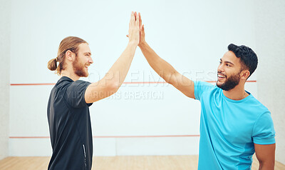 Buy stock photo Sports people, happy and men with high five for collaboration, workout and training for squash game. Team smile, athletes and palm connection for contest, good luck and competition in indoor court