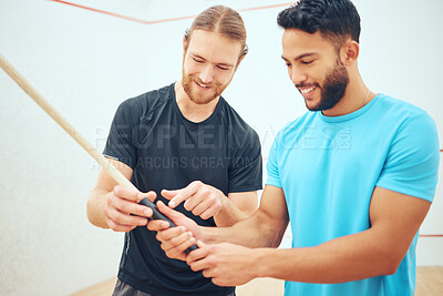 Buy stock photo Men, athlete and racket help of sports exercise for squash, challenge game and training with practice skill. Active, people and support for fitness performance, competition and teamwork of match