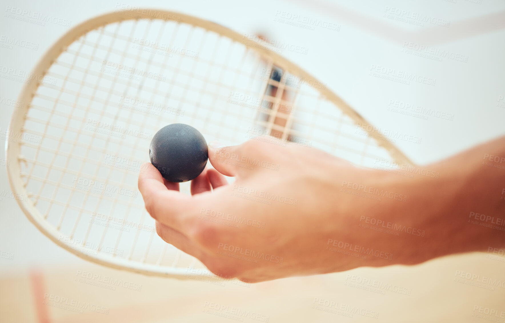 Buy stock photo Ball, hand and person in court, game and active for playing in sports, training and practice. Racket, sportsman and action of tournament, squash player and exercise for competition and athlete