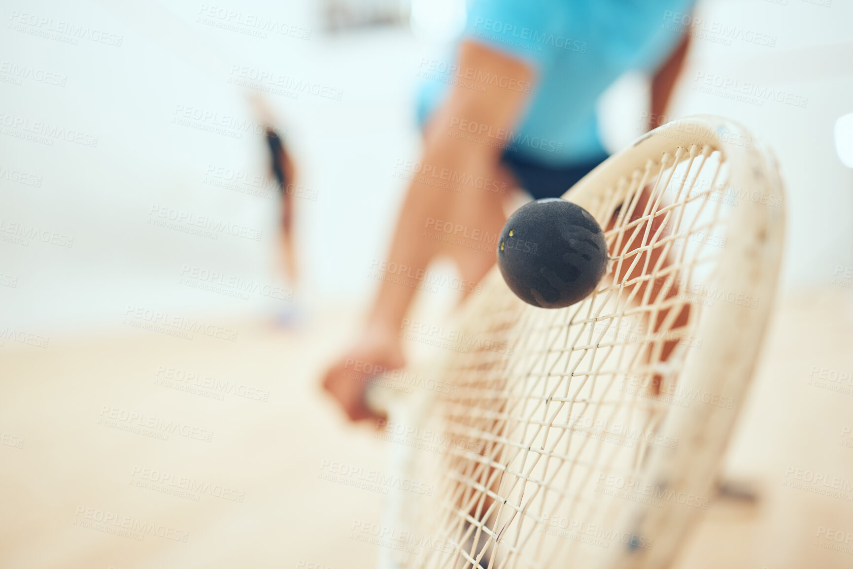 Buy stock photo Man, playing and court or squash match, rubber ball and racket for sport with energy or fitness in challenge. Athlete, serve and competing in active hobby, wooden floor and training for competition