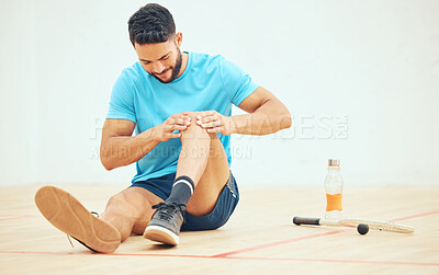 Buy stock photo Sports man, floor and knee pain for injury with health risk, medical problem and tension on court. Squash athlete, leg massage and accident for exercise mistake, arthritis and inflammation on ground