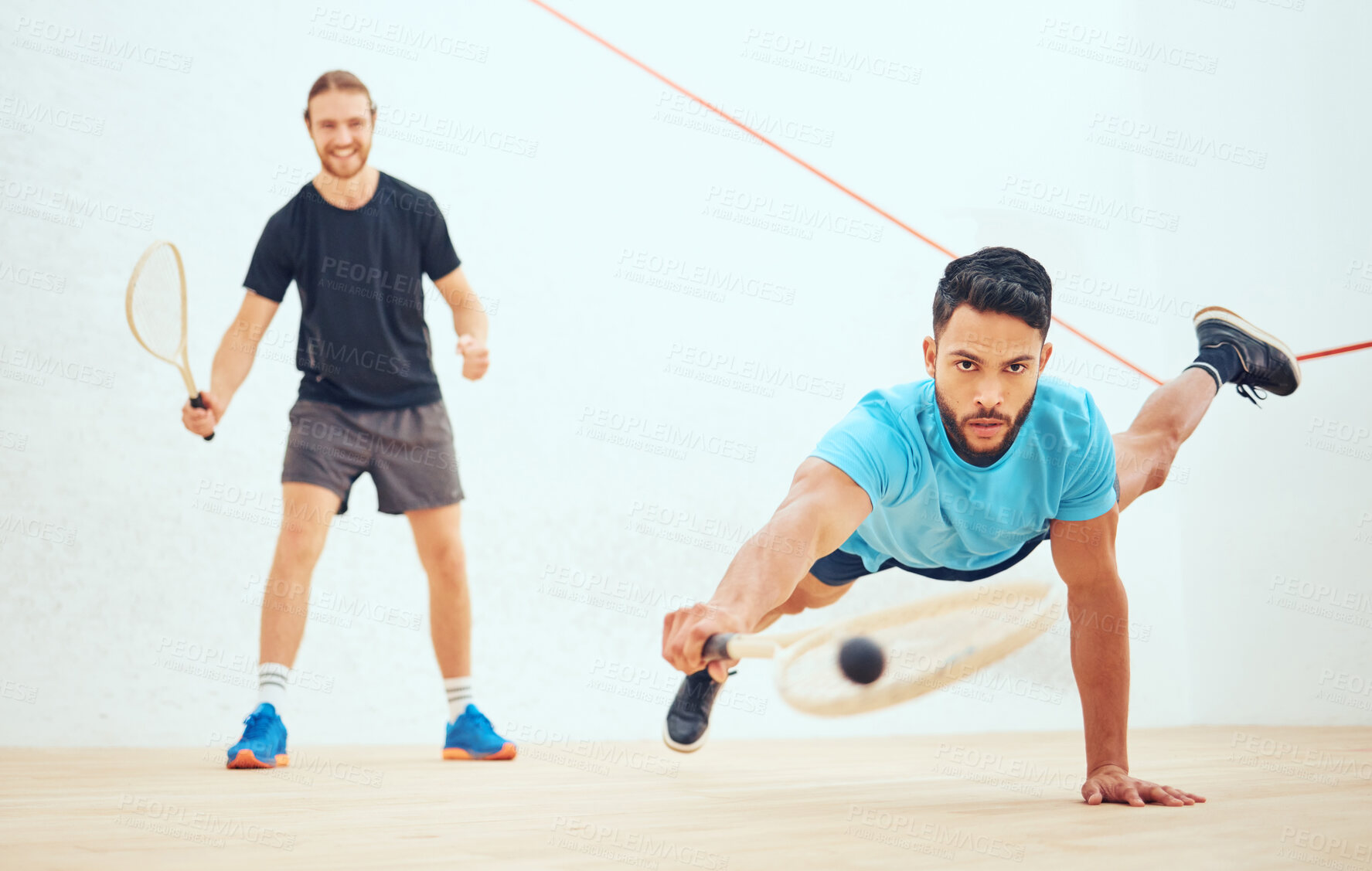 Buy stock photo People, playing and court or squash game, rubber ball and racket for sport with energy or fitness in challenge. Men, volley and competing in active hobby, wooden floor and training for competition