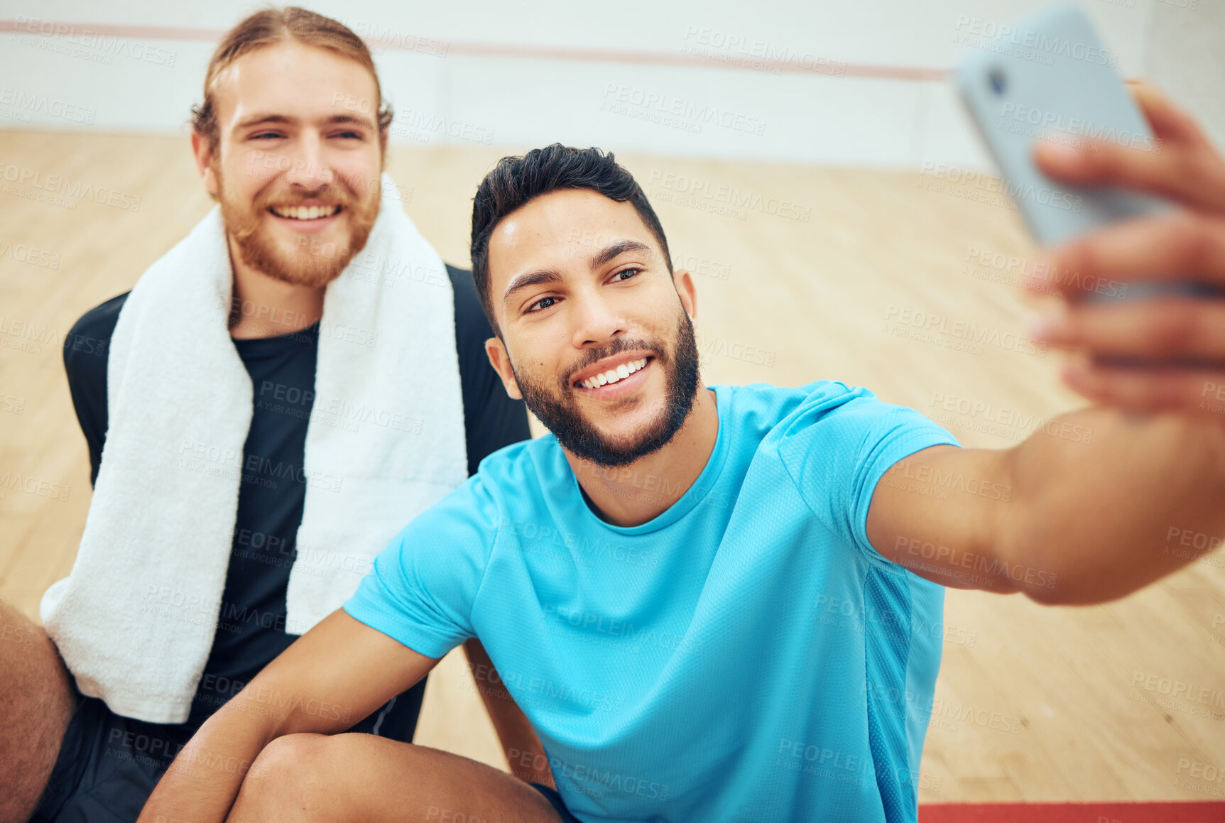 Buy stock photo Fitness portrait, men friends and selfie for memory, happy and sports practice in arena. Squash team, smile and profile picture for social media, contest vlog and online blog update in indoor court