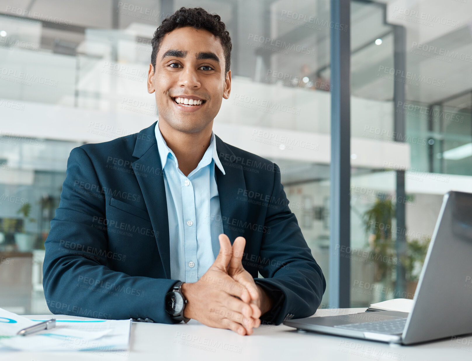 Buy stock photo Portrait, businessman and happy with laptop at desk for research, planning and stock market. Financial advisor, hands and trading or smile in office for career, finance and technology in agency