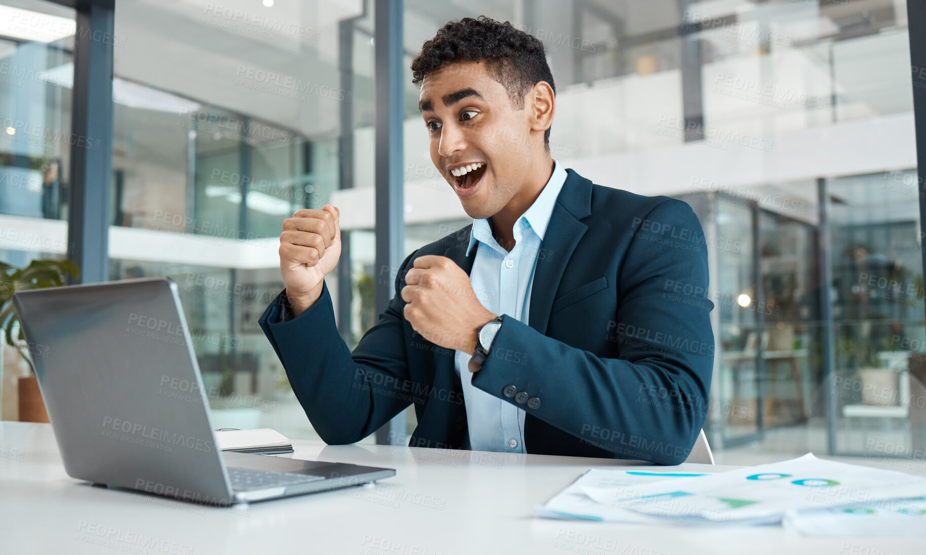 Buy stock photo Celebration, businessman and excited with laptop for sales, planning and stock market in office. Financial advisor, hands and trading or success at desk for job, research and technology in workplace