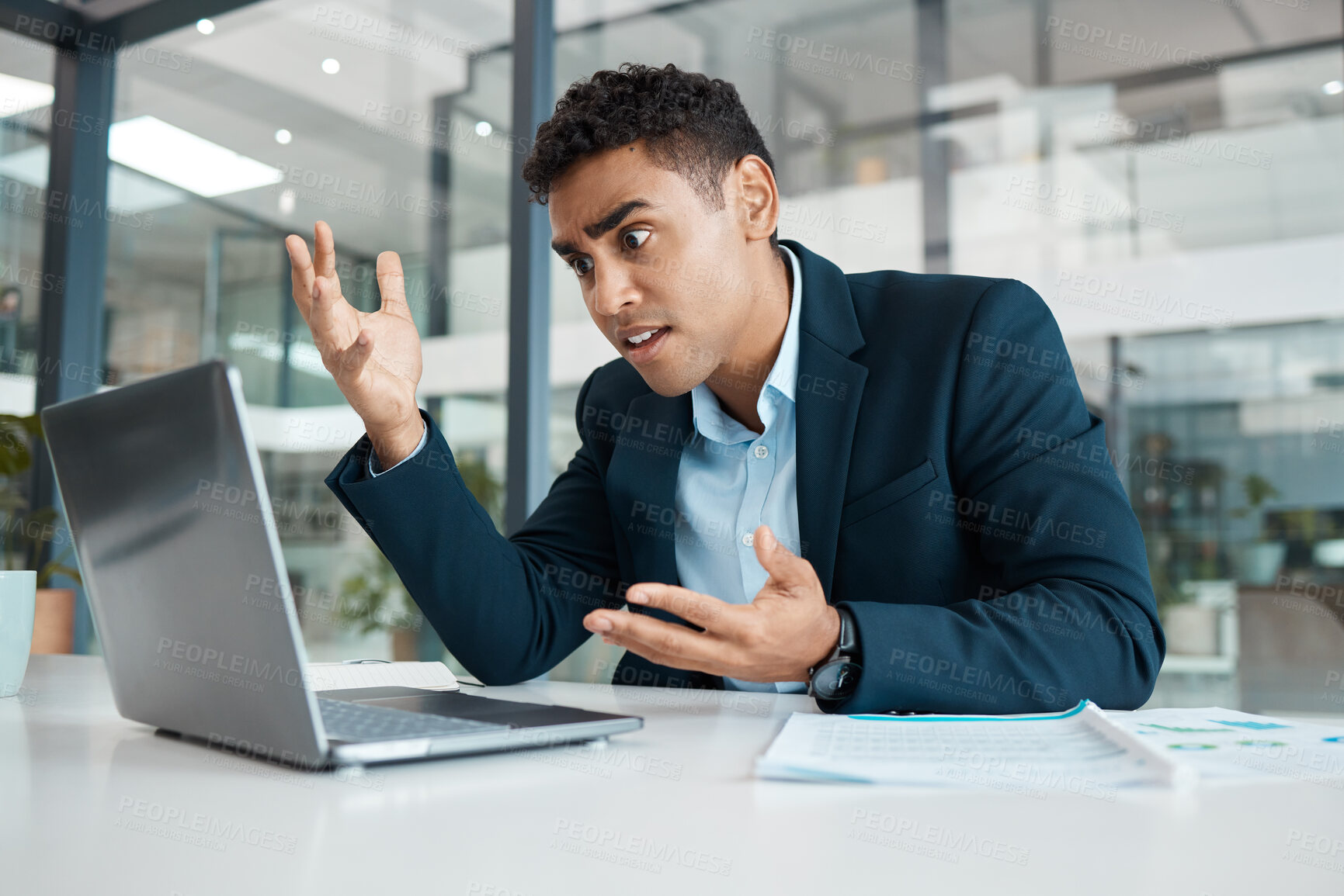 Buy stock photo Stress, mistake and businessman with laptop in office for stock market crash with investment loss. Frustrated, confused and financial analyst with computer for bankruptcy risk with finance crisis.