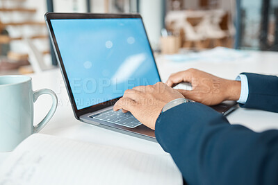 Buy stock photo Hands, businessman and laptop screen at desk for research, planning and stock market in workplace. Financial advisor, typing and trading for sales, career and technology in office for mockup space