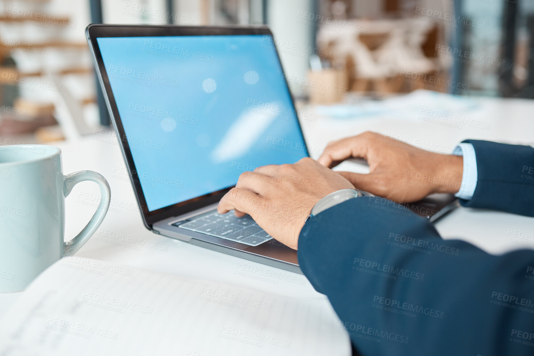 Buy stock photo Hands, businessman and laptop screen at desk for research, planning and stock market in workplace. Financial advisor, typing and trading for sales, career and technology in office for mockup space