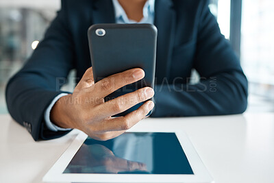 Buy stock photo Businessman, closeup and hand with phone for working online, email notification and tablet for research in office. Financial advisor, mobile and internet for economy news, fintech and investing app