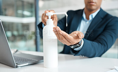 Buy stock photo Business man, sanitizer and cleaning hands in office, hygiene and remove germs or bacteria. Male person, professional and bottle for disinfection of virus, antibacterial soap and prevention of covid