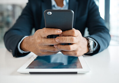 Buy stock photo Business man, hands and smartphone in office for communication, networking and social media with tablet. Realtor, closeup and mobile in workplace for website and check property as real estate agent