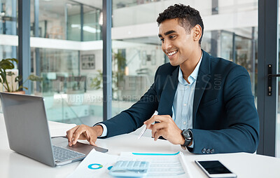 Buy stock photo Planning, businessman and happy with laptop at desk for research, email and stock market. Financial advisor, documents and trading or smile in office for career, finance and technology in workplace