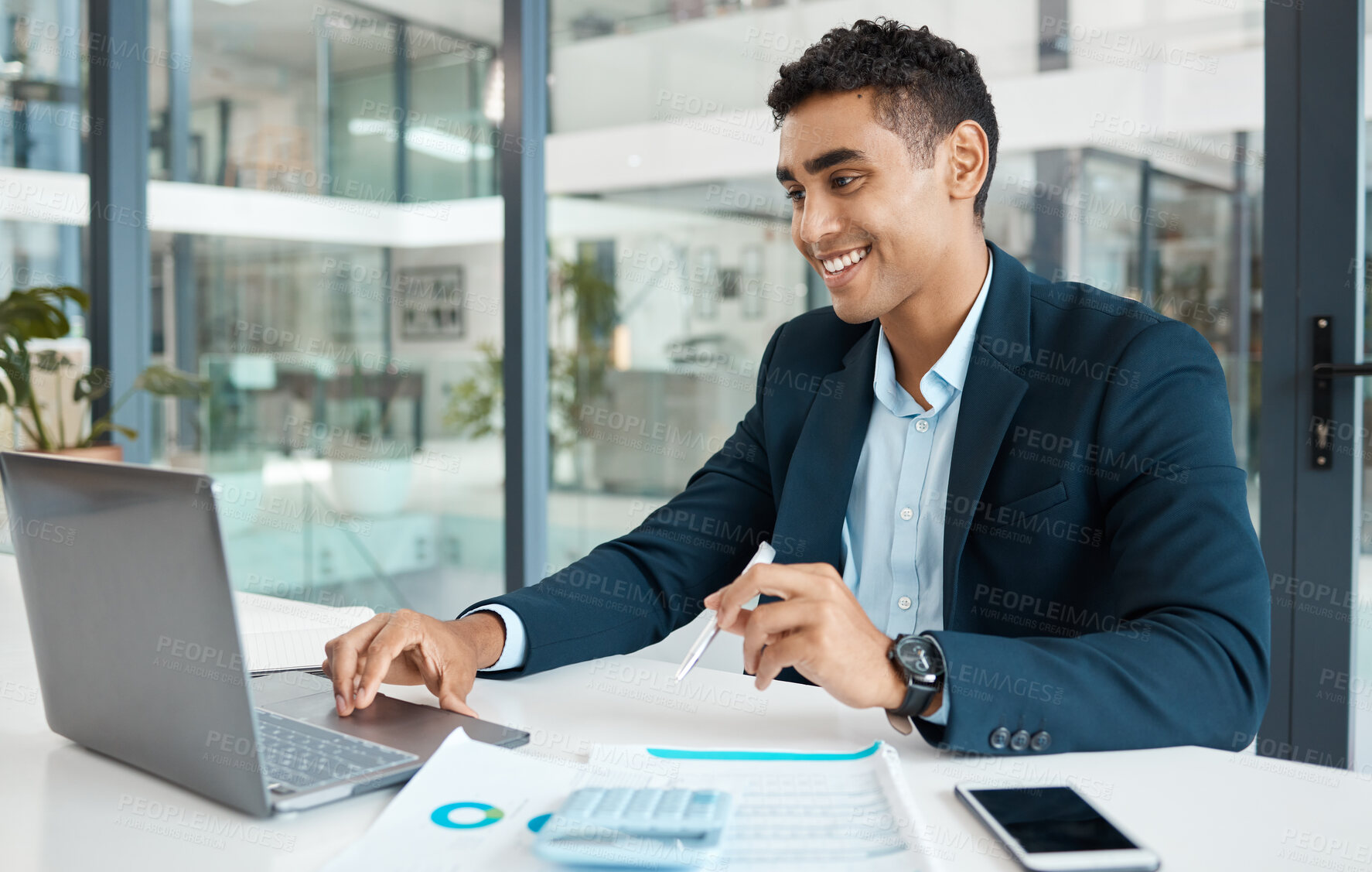 Buy stock photo Planning, businessman and happy with laptop at desk for research, email and stock market. Financial advisor, documents and trading or smile in office for career, finance and technology in workplace