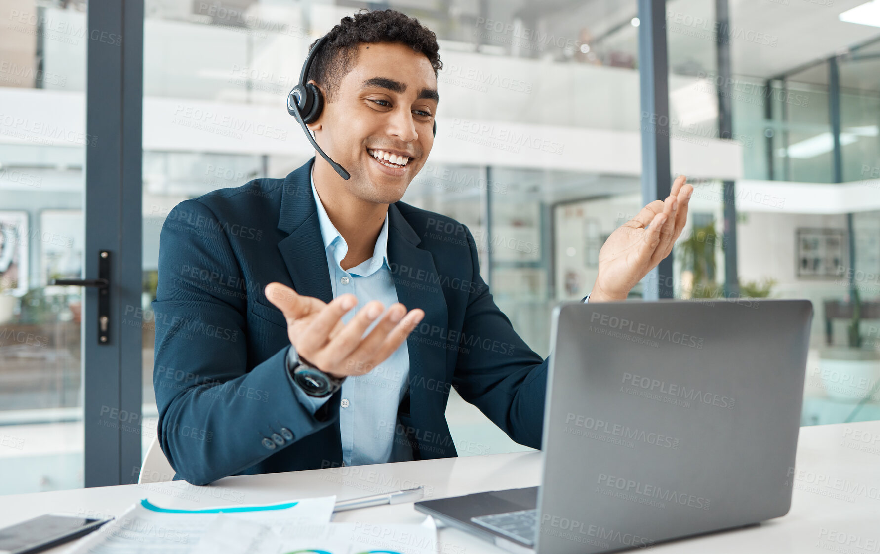 Buy stock photo Talking, businessman and happy with laptop or headset for discussion, planning and customer service. Financial advisor, hands and telemarketing in office for career, sales and technology in workplace