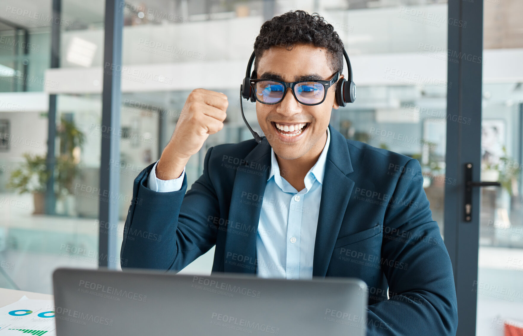 Buy stock photo Happy, businessman and call center with headphones on laptop for winning, sale or deal at office. Man, employee or consultant with smile for promotion, victory or achievement in customer service