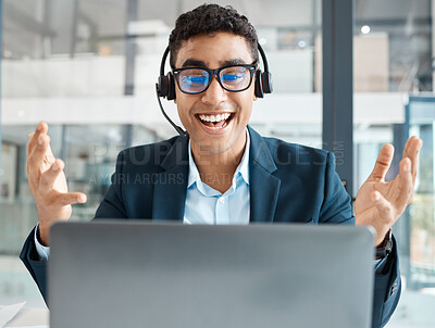 Buy stock photo Happy man, callcenter and laptop with headphones for video call, surprise or winning at office. Man, employee or consultant with smile in meeting for promotion or online sale in customer service