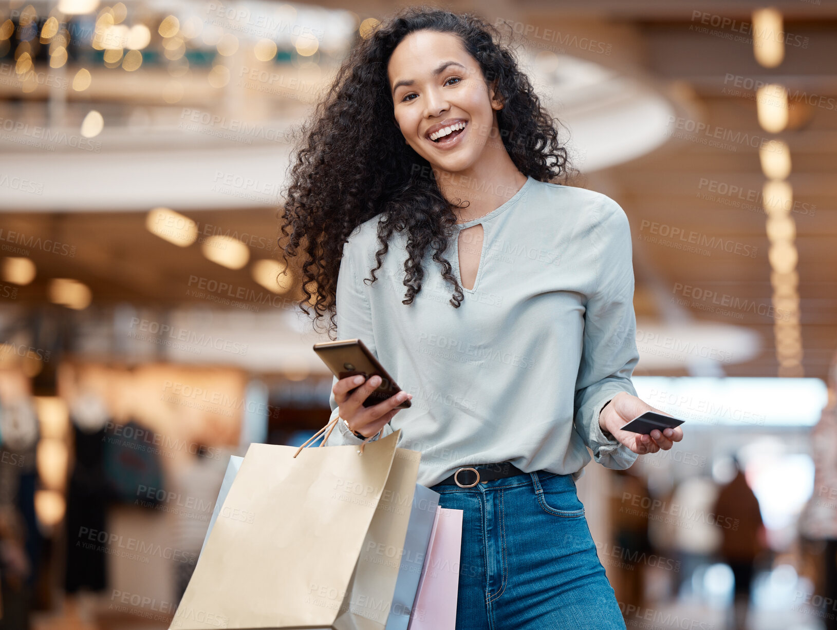 Buy stock photo Happy woman, portrait and shopping bags with phone or credit card at mall for easy payment or ecommerce. Female person or shopper with smile on mobile smartphone in fashion, simple banking or fintech