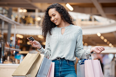 Buy stock photo Happy woman, shopping bags and purchase with credit card at mall for payment, swipe or spend money. Young female person or shopper with smile or debit for fashion, online transaction or buying spree