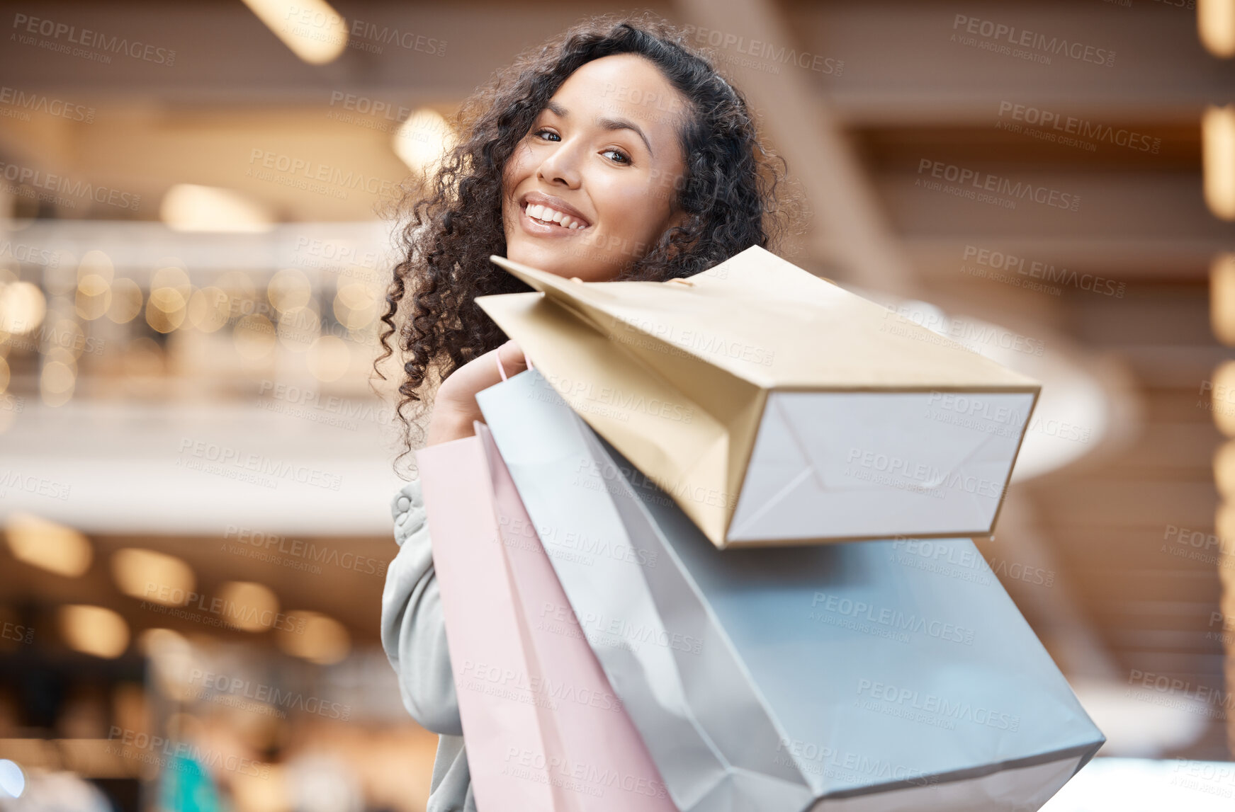 Buy stock photo Happy woman, portrait and customer with shopping bags at mall for indoor purchase, deal or buying spree. Young female person or shopper with smile for gift, present or sale discount at retail store