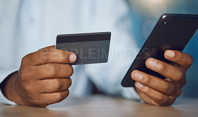 Buy stock photo Closeup, smartphone and hands with a credit card, black man and ecommerce with banking, online shopping and finance. Male person, customer and shopper with a cellphone, purchase and app with payment