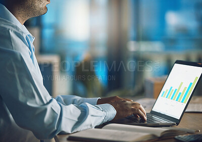 Buy stock photo Hands, seo and man typing on laptop with graphs, working on project and web infographics. Computer, marketing professional and business person with data, analytics and charts for advertising analysis