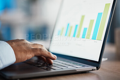 Buy stock photo Hands, seo and typing on laptop graphs, working on project and internet infographics. Computer, marketing professional and business person with data, analytics and charts for advertising analysis.