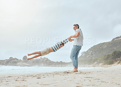 Buy stock photo Happy, beach and child swing by father with fun game and family with happy, travel and student holiday. Sea, excited and comedy together with love, care and support with playing and youth by ocean