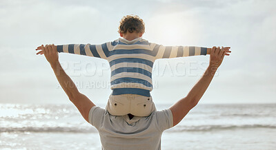 Buy stock photo Father, child and shoulders with back at beach for airplane, connection and holding hands with bonding. Dad, kid and flight with games, love and plane with family on vacation in sunshine by waves