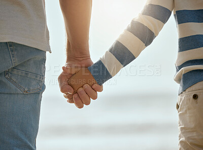 Buy stock photo Zoom, outdoor and holding hands for holiday with bonding  relationship, partners with romance and support. Couple, people or travel together in environment for love with trust, commitment on vacation