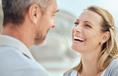 Buy stock photo People, couple and happy for nature date with romantic, loyalty and bonding together for care. Wife, husband and love smile in outdoor with marriage commitment, anniversary vacation and support